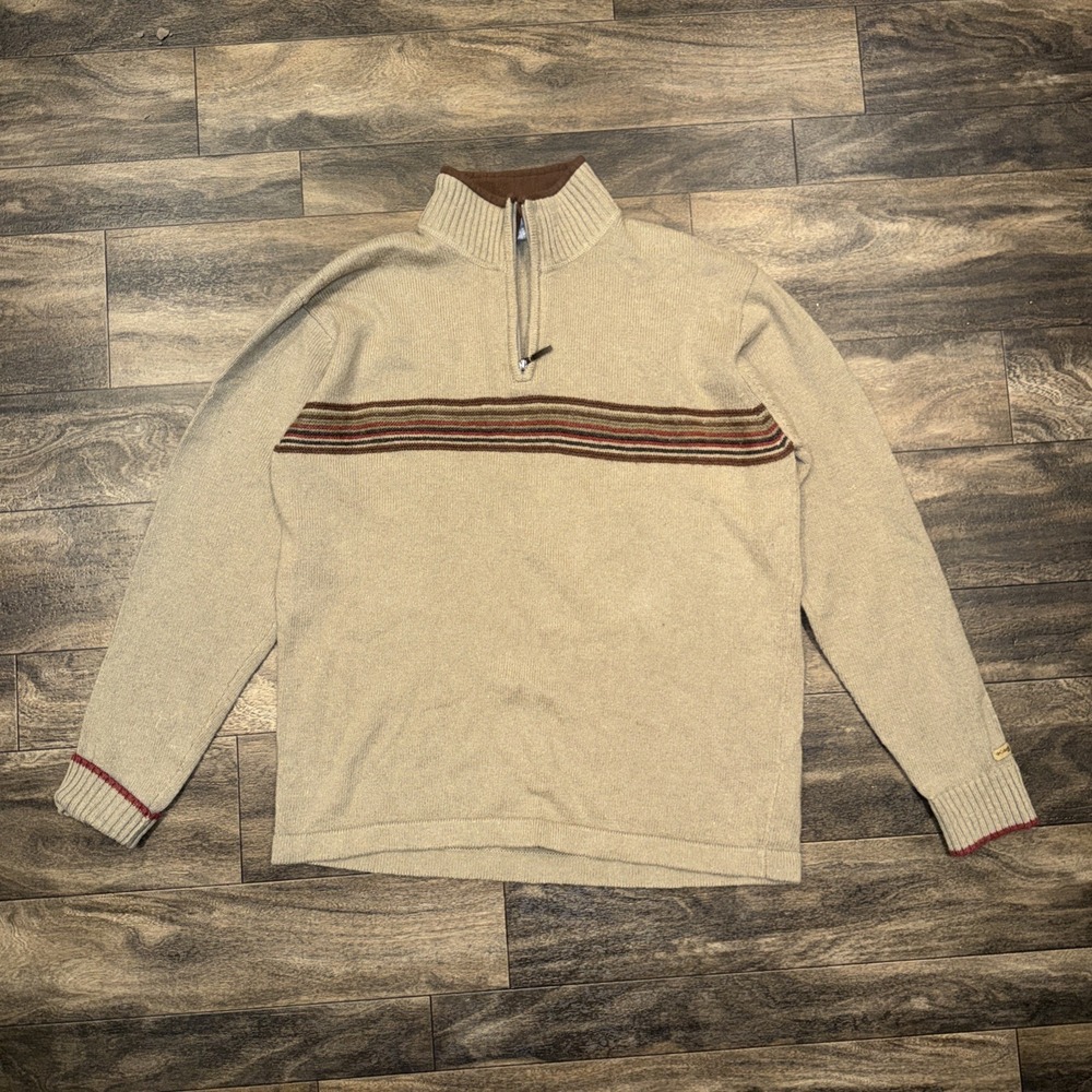 Columbia XCO 1/4 Zip Pullover Sweater Ramie Wool Blend Men's Large Striped Brown
